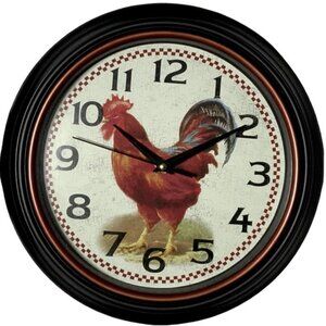 Clock Farmhouse Rooster Quartz Analog Primitive Wall Hanging 12 in Round Black